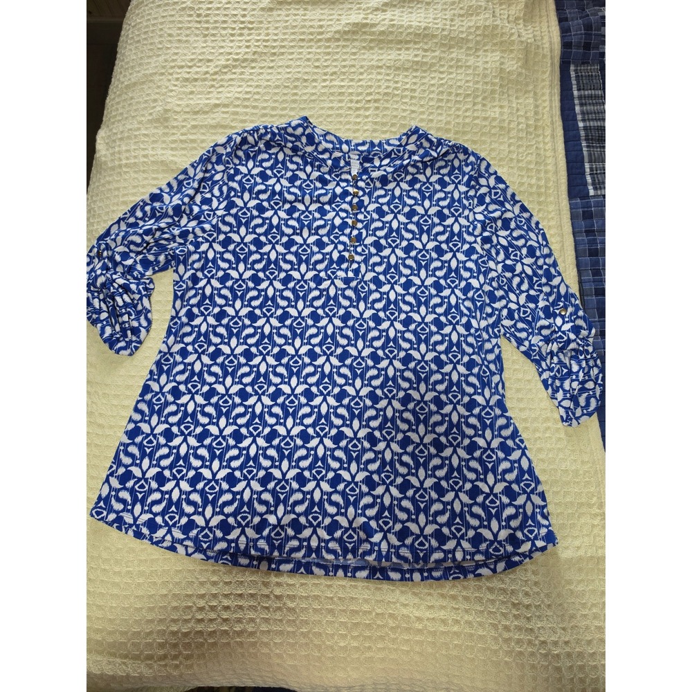 Charter Club Woman Blue White Ikat Print Roll Tab Sleeve Blouse Plus Size 1X